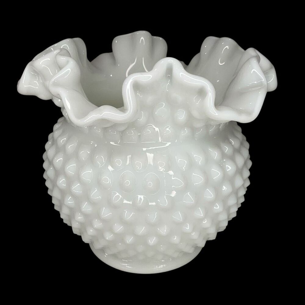 Vintage Milk Glass Cupped Vase‎ Double Crimped Fenton Art Glass Hobnail Shape *